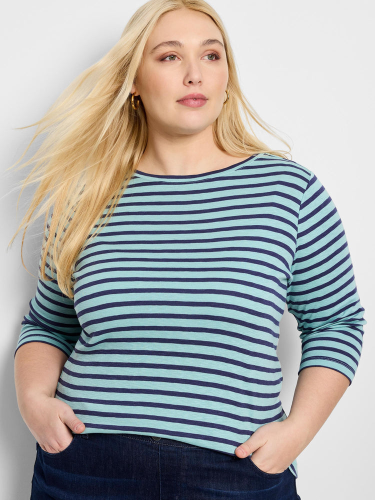 Aqua and navy horizontal stripe 3/4 sleeve boat neck tee.