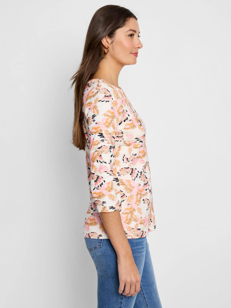 Off-white 3/4 sleeve boat neck top. Pink, orange, and brown bird print.