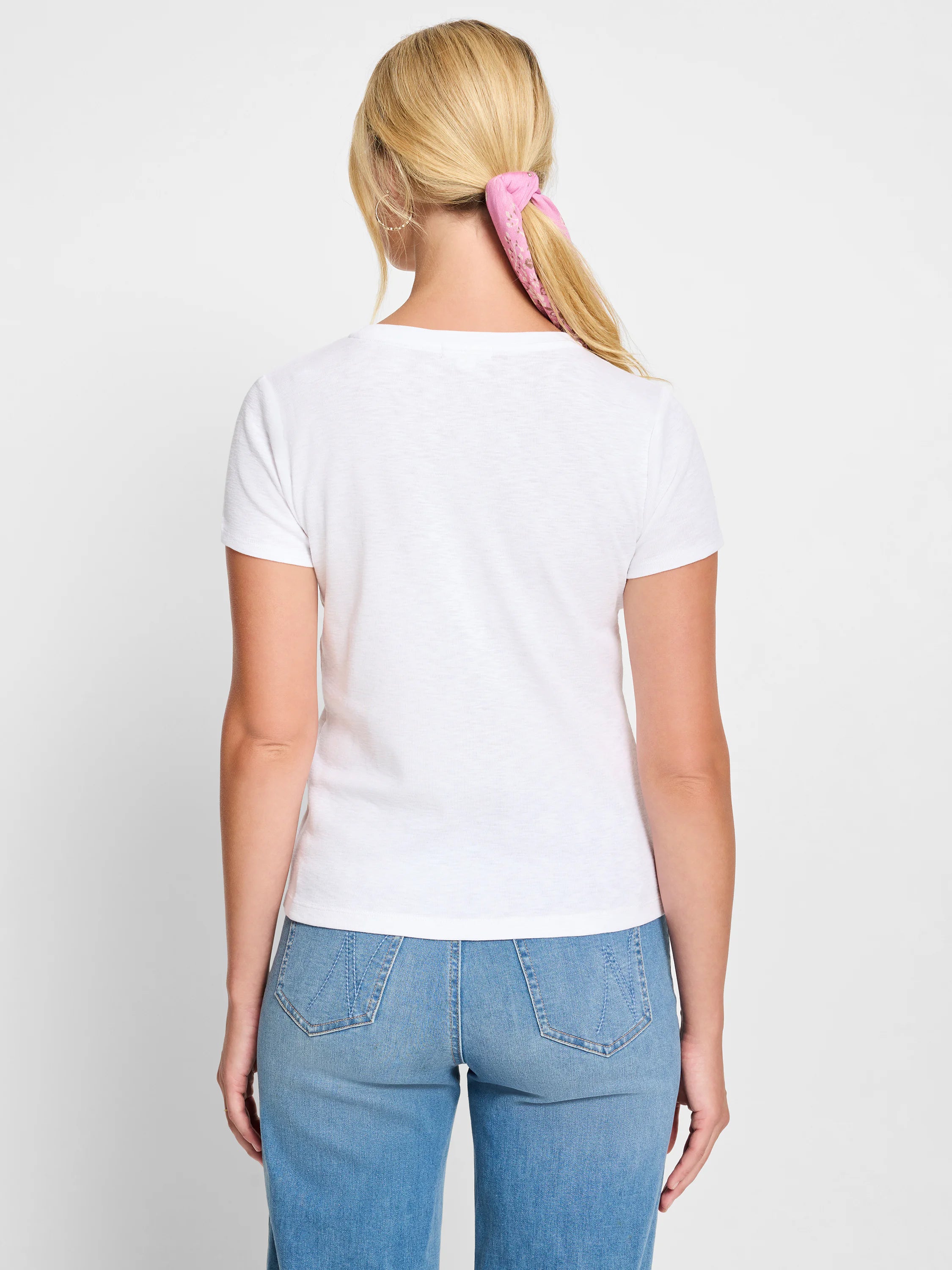 Plain white short-sleeve crew neck tee, shown from the back.