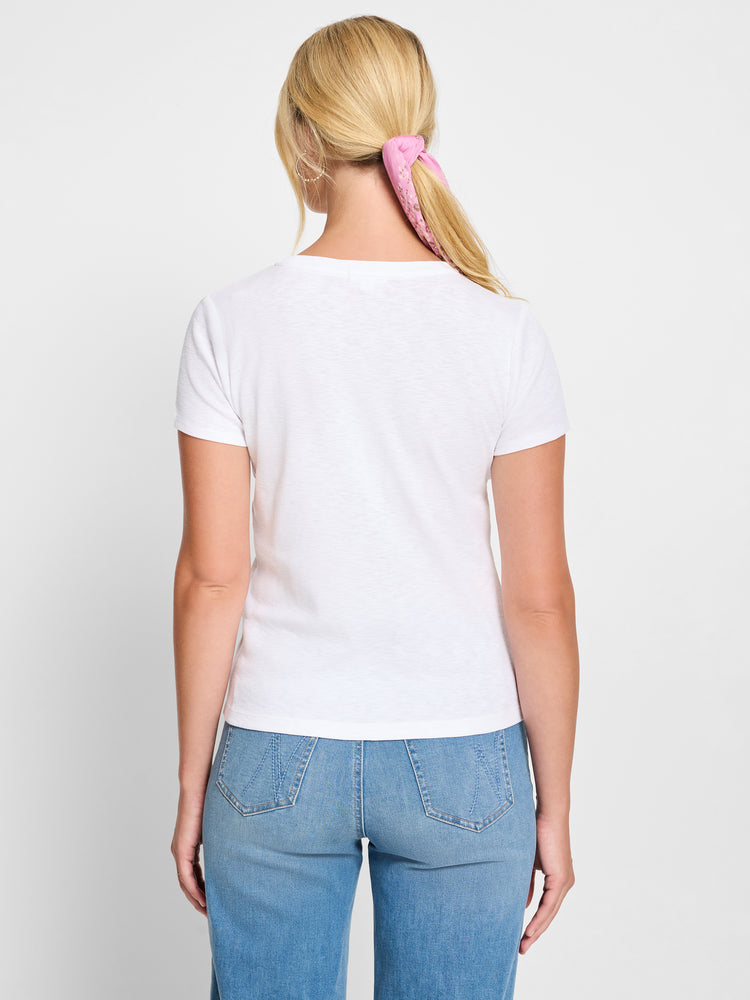A model wears a classic, standard fit white slub texture short sleeve t-shirt, viewed from the back.