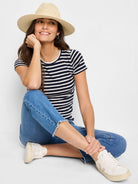 Navy blue and white striped short-sleeve crew neck tee.