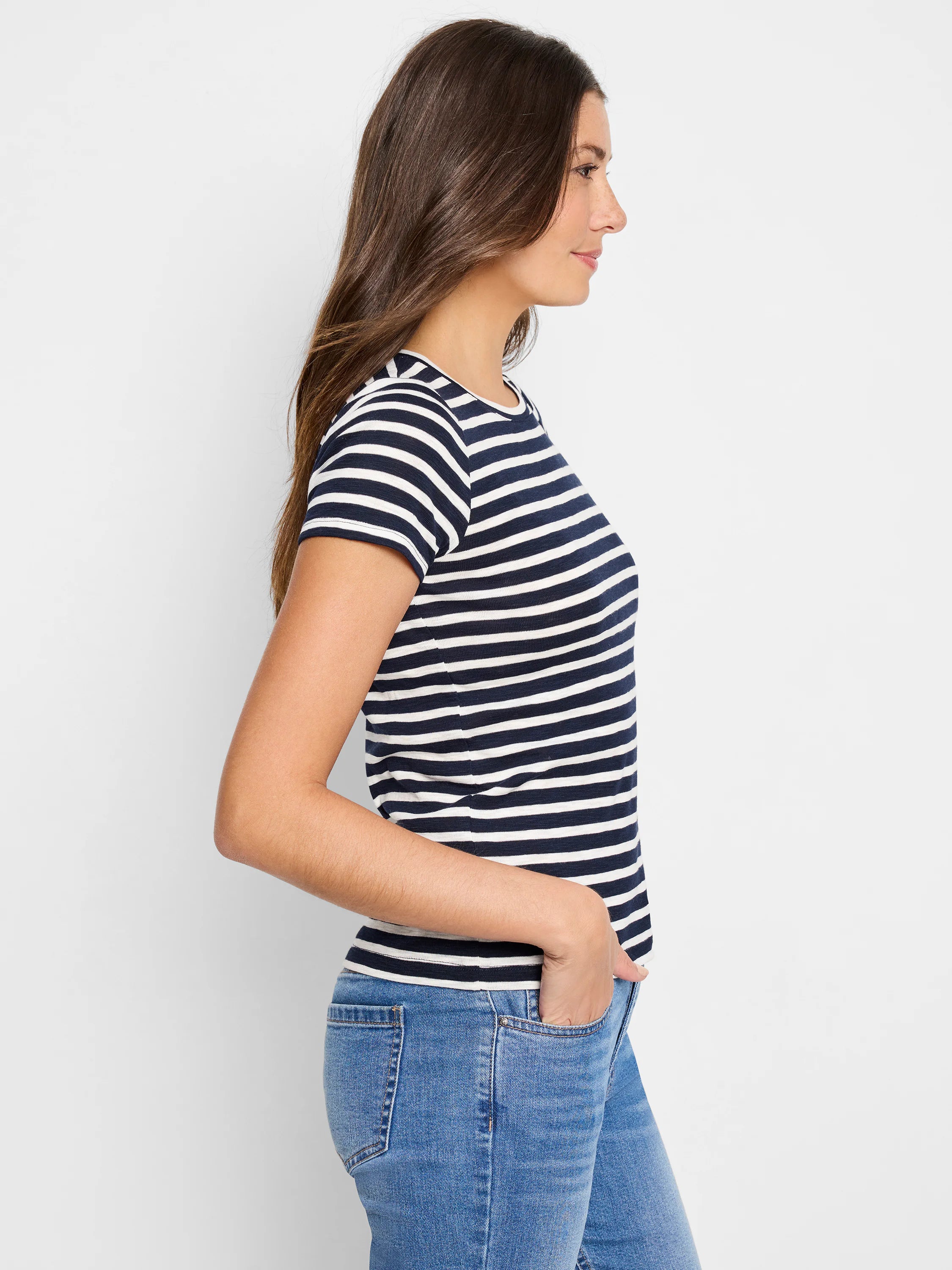 Short-sleeve navy and white striped crew neck t-shirt.