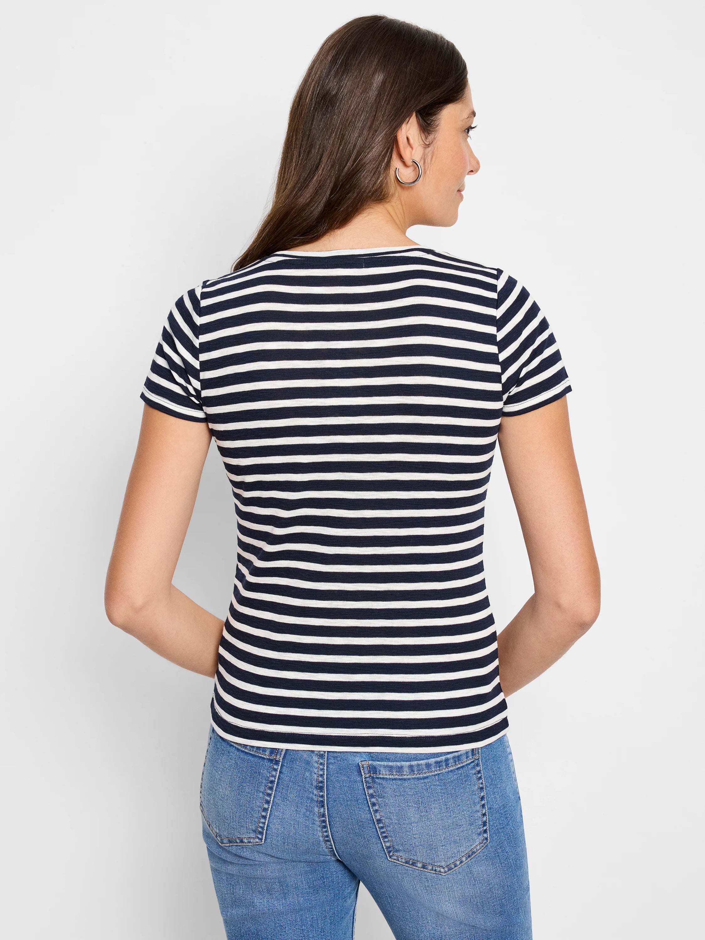 Navy blue and white horizontal striped short-sleeve crew neck t-shirt.  Rear view.