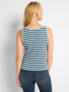 Here's alt text under 125 characters:
"Mint green and navy blue horizontally striped boat neck tank top. Sleeveless.