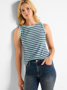 Here's alt text for the image, under 125 characters:
"Blue and teal striped sleeveless boatneck top.