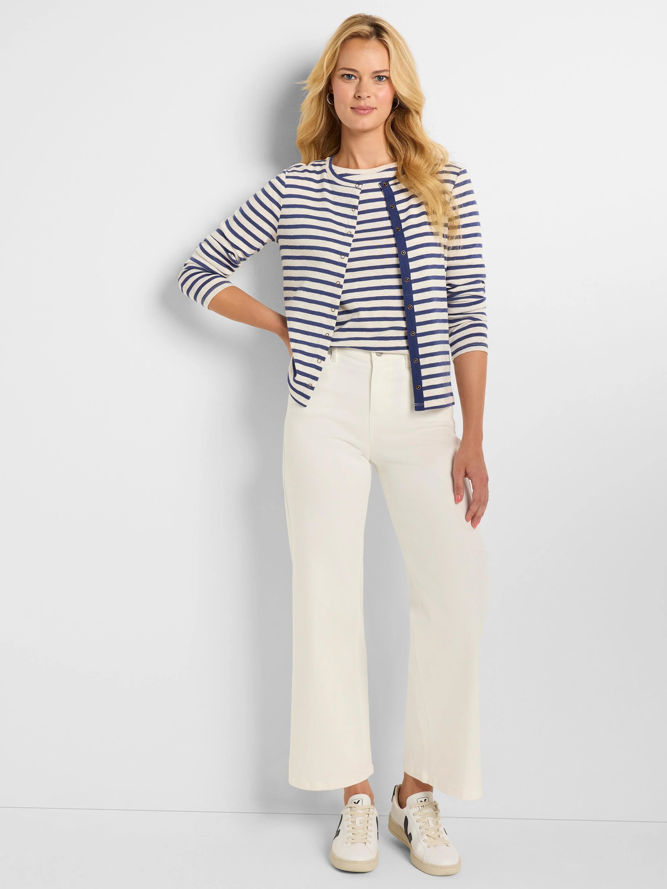 Cream and navy striped boatneck top; long sleeves, button front.