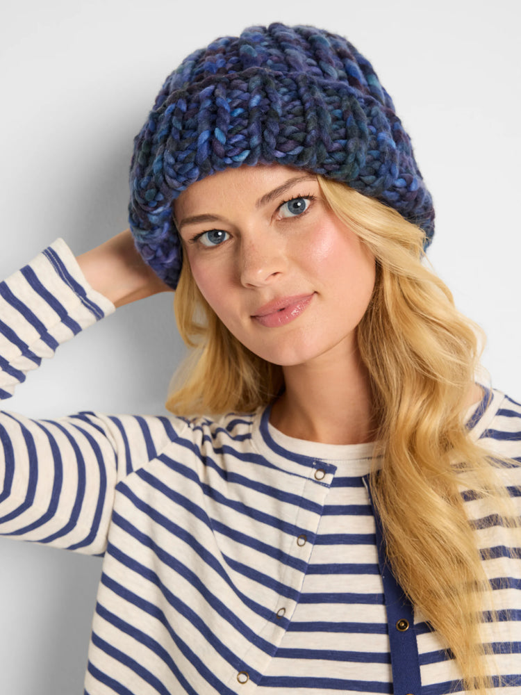 Blue and purple striped knit beanie. Thick, chunky knit.