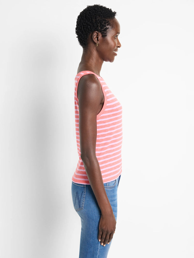 Pink and white striped sleeveless shirt; relaxed fit.