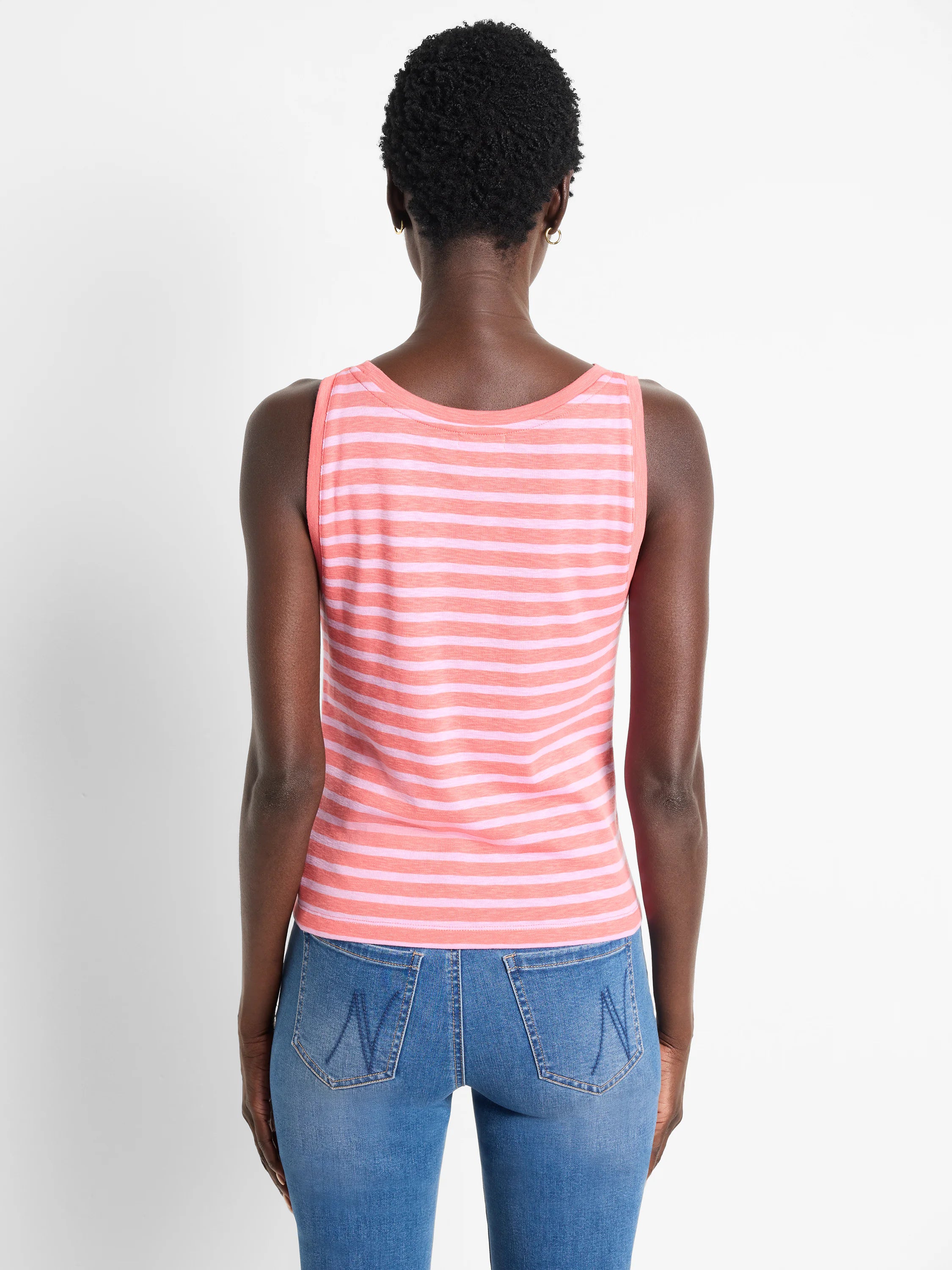 Pink and white striped sleeveless shirt;  back view.