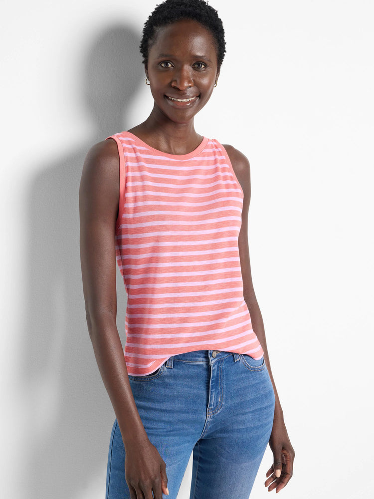 Pink and lilac horizontal striped sleeveless shirt. Round neckline.