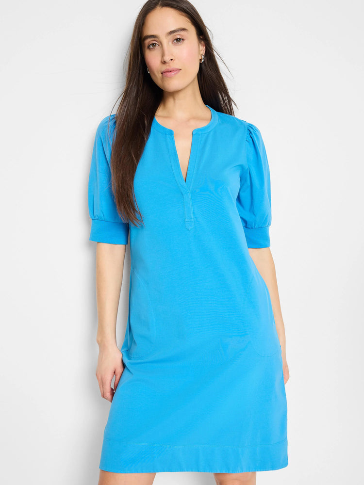Bright blue Henley dress, short sleeves with slight puff, V-neckline. A-line silhouette.