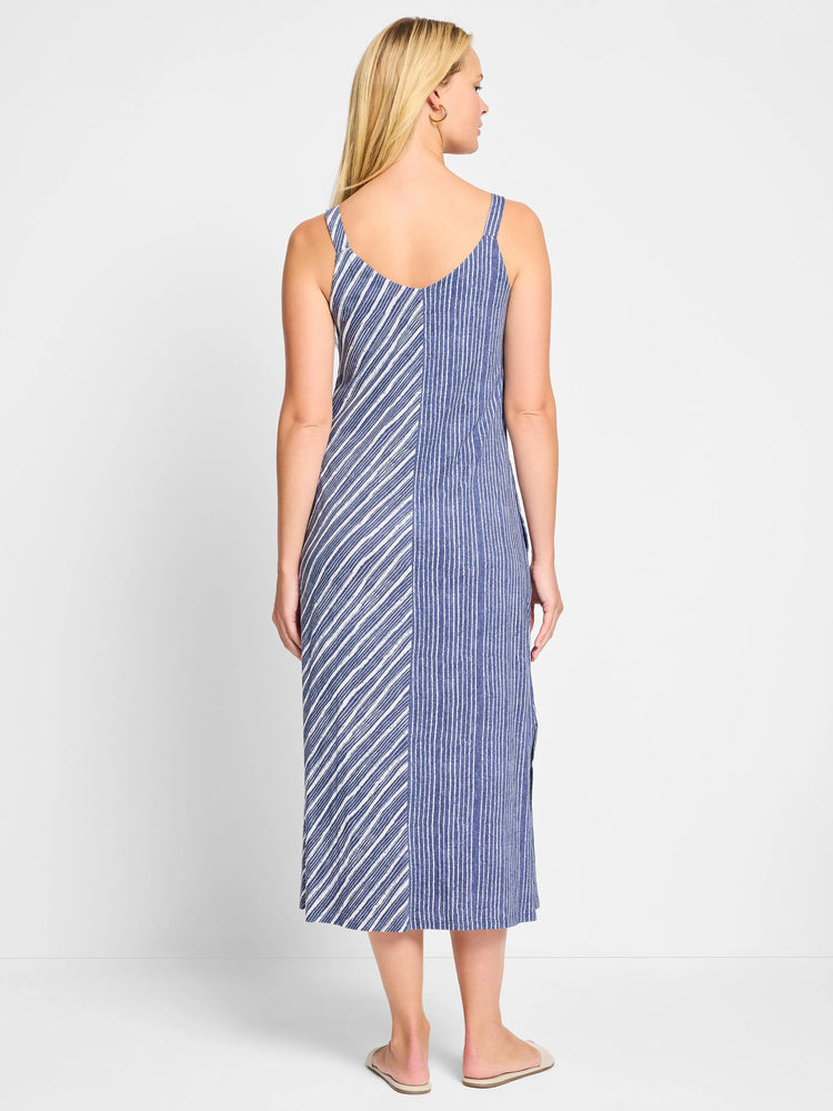Blue and white striped midi dress; V-neck, sleeveless, with diagonal stripes on one side and vertical stripes on the...