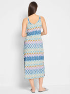 Blue, beige, pink, and orange checkered pattern V-neck midi tank dress.  Back view.