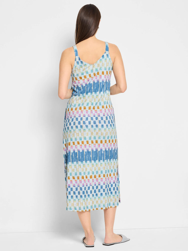 Blue, beige, pink, and orange checkered pattern V-neck midi tank dress. Back view.