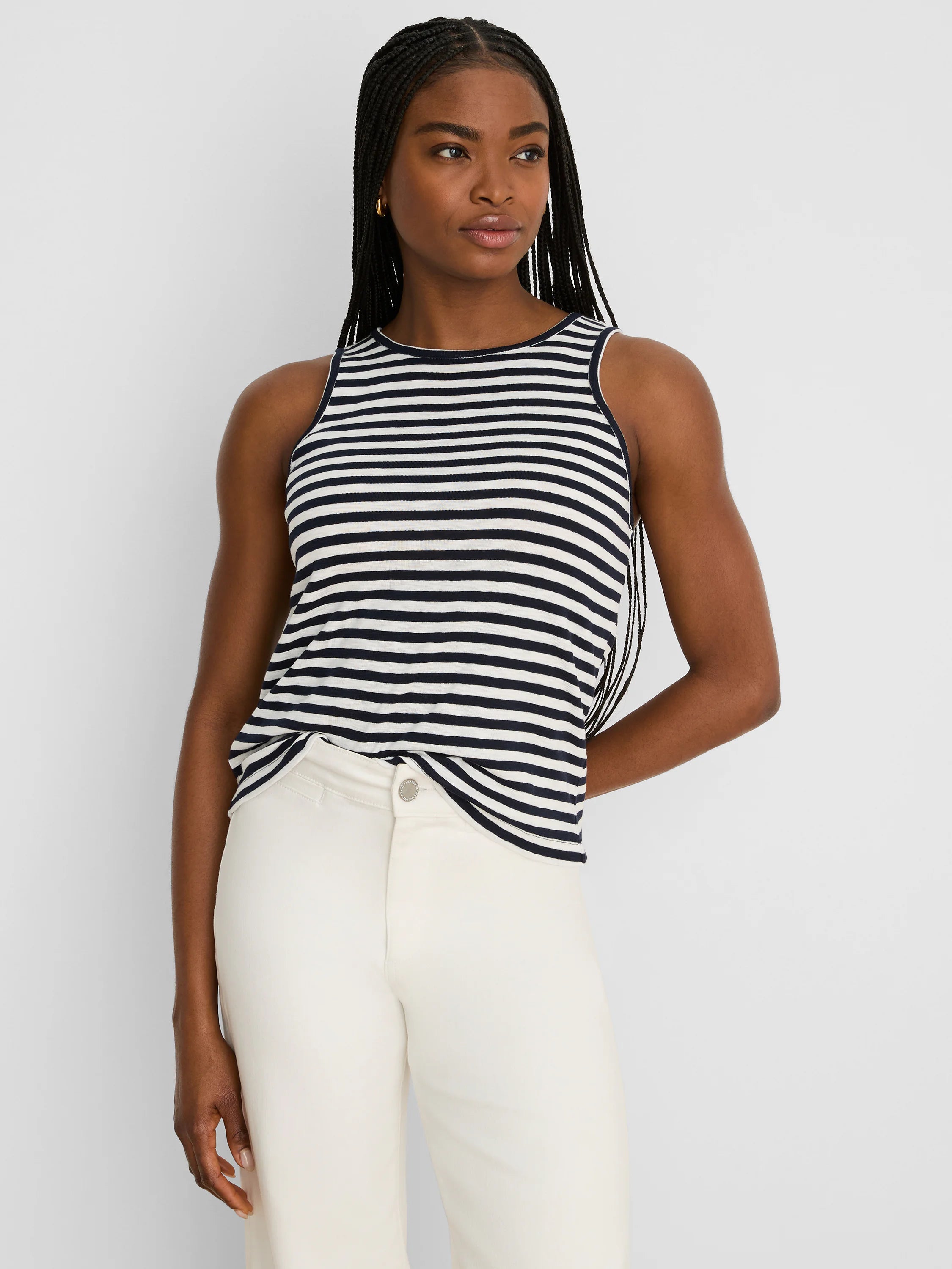 Sleeveless tank with horizontal navy blue and off-white stripes.