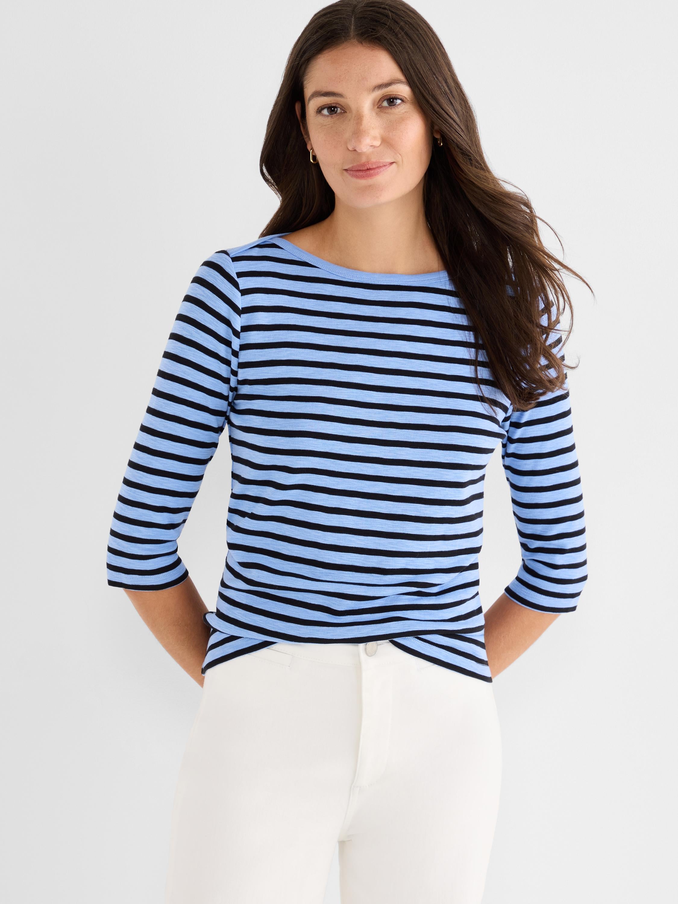 Fitted light blue and black striped knit top with three-quarter sleeves and a classic boat neckline.
