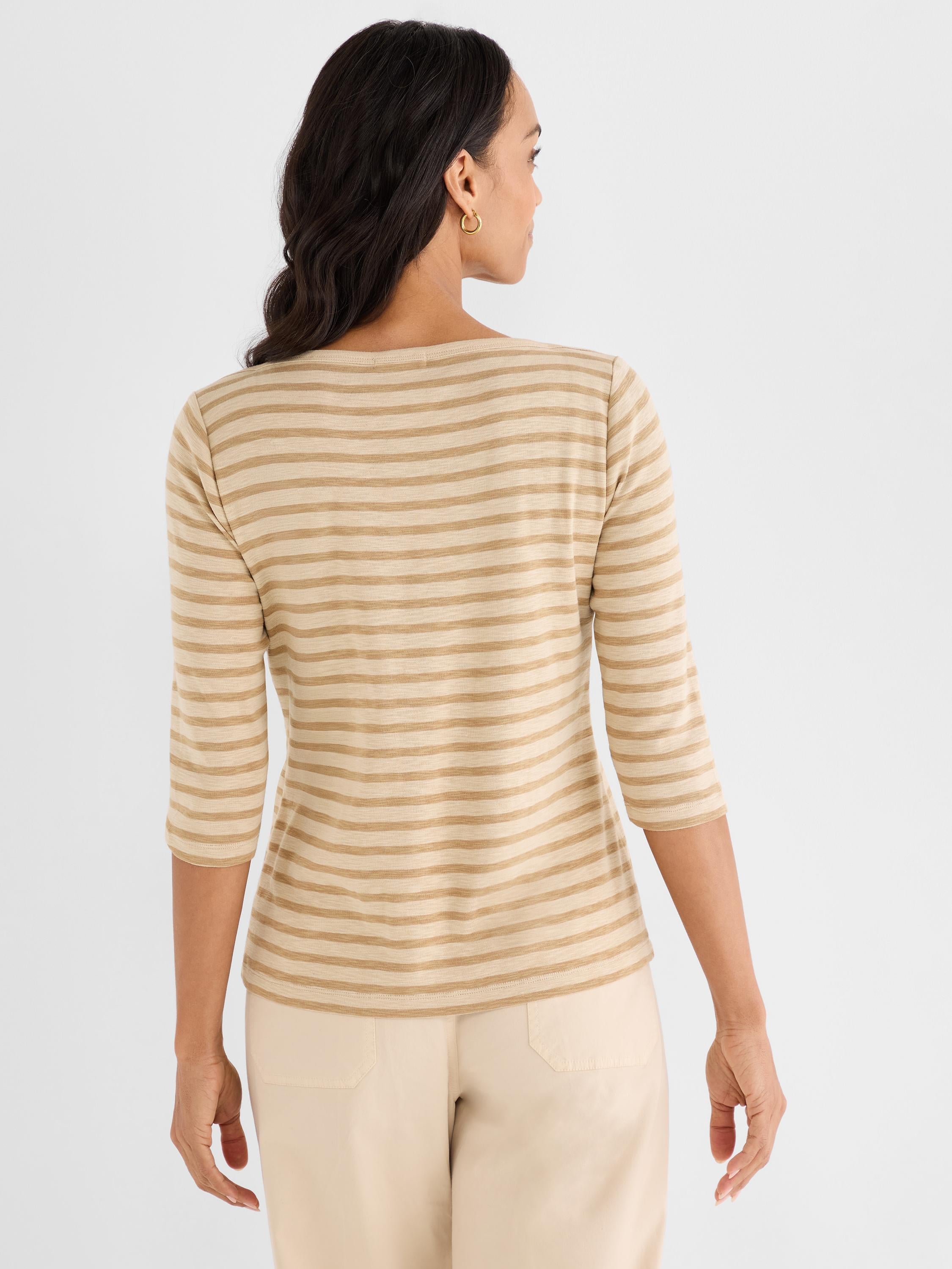 Slim-fit boat neck tee in beige and tan stripes with three-quarter sleeves.