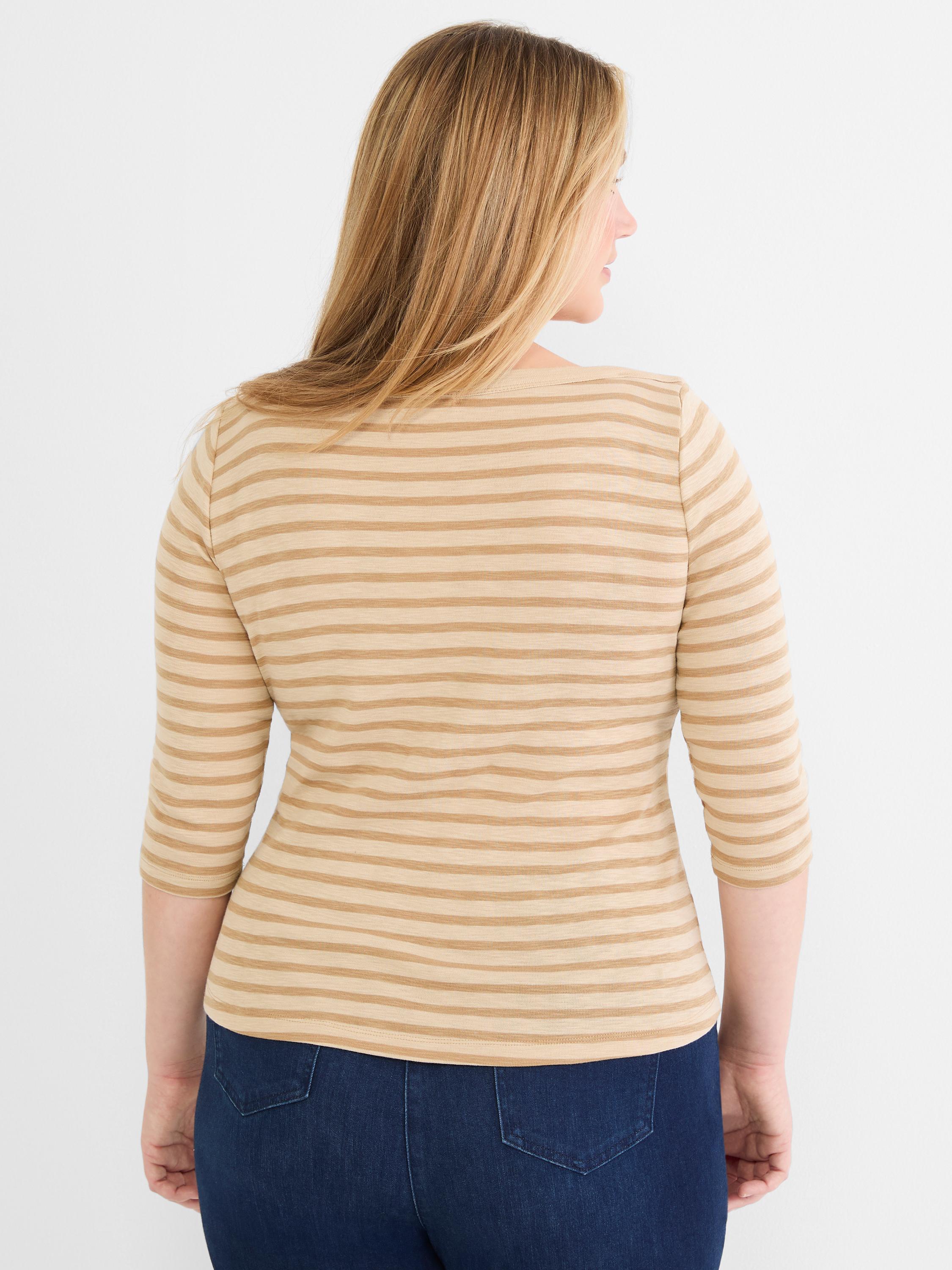 Fitted knit top in beige and brown horizontal stripes featuring three-quarter length sleeves.