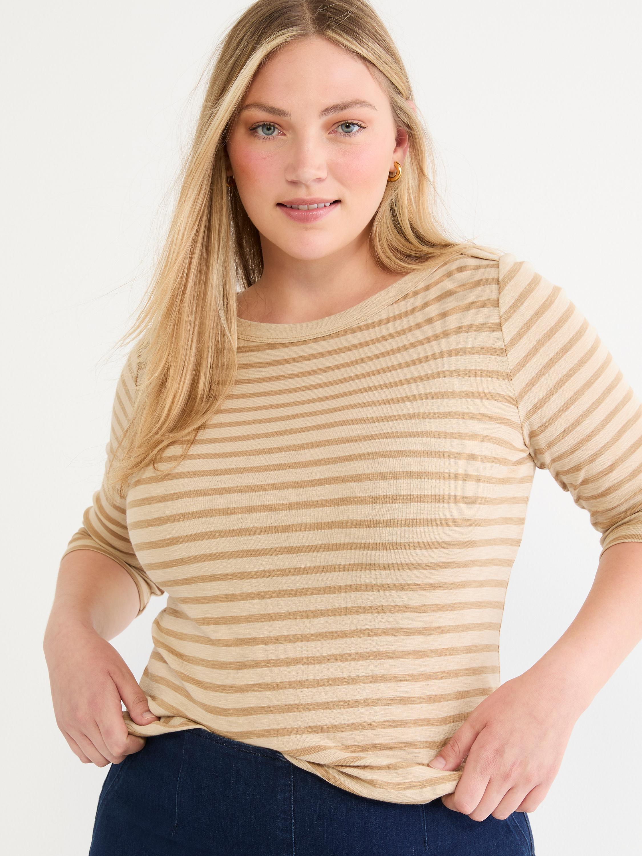 Fitted knit top in beige and tan horizontal stripes featuring a boat neck and elbow-length sleeves.