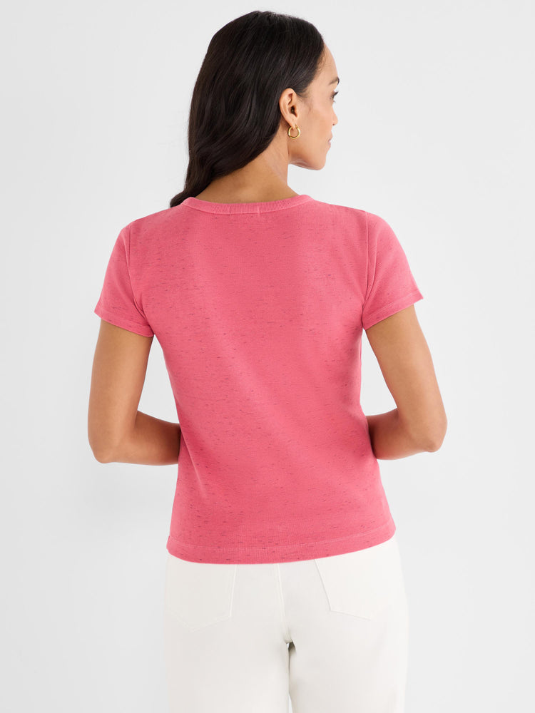 Fitted pink marled rib knit t-shirt with short sleeves and a rounded neck.