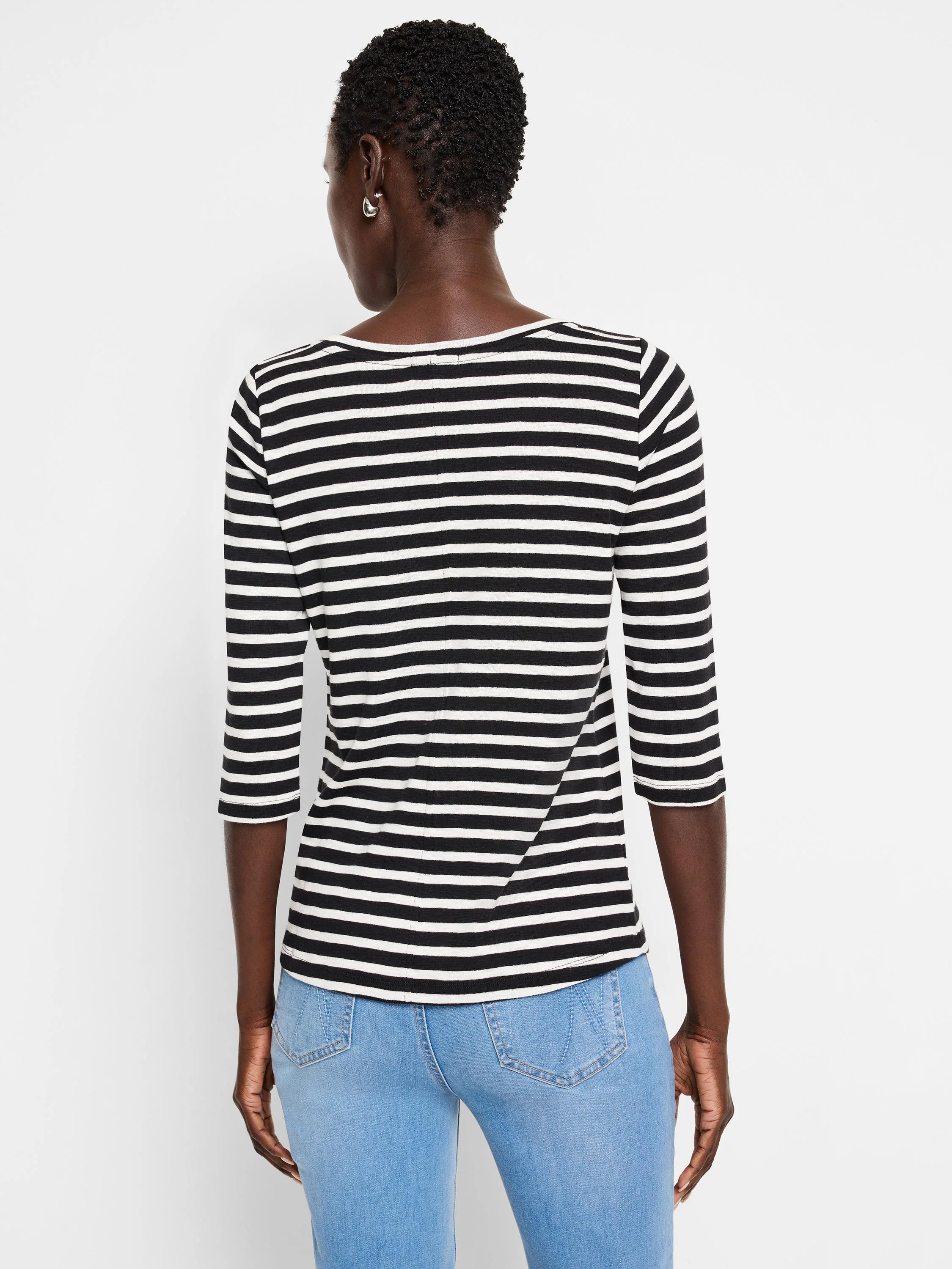 Black and white striped 3/4 sleeve boat neck tee, back view.