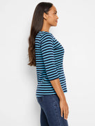 Navy and light blue horizontal stripe 3/4 sleeve boat neck tee.