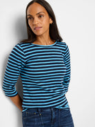 Navy and cerulean horizontally striped 3/4 sleeve boat neck tee.