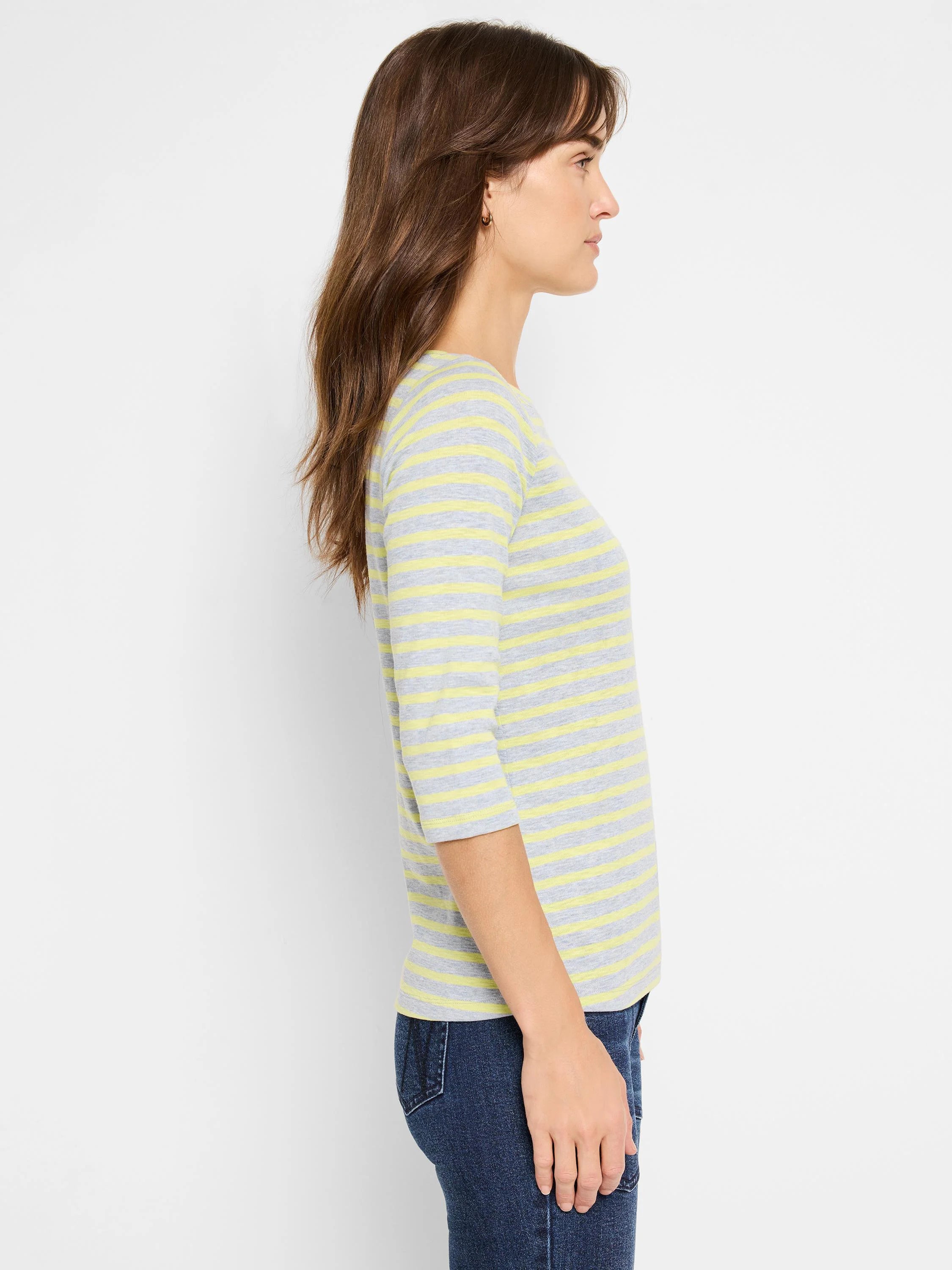 Light grey and light yellow horizontal stripe 3/4 sleeve boat neck tee.