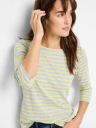 Light grey and pale yellow horizontally striped 3/4 sleeve boat neck tee.