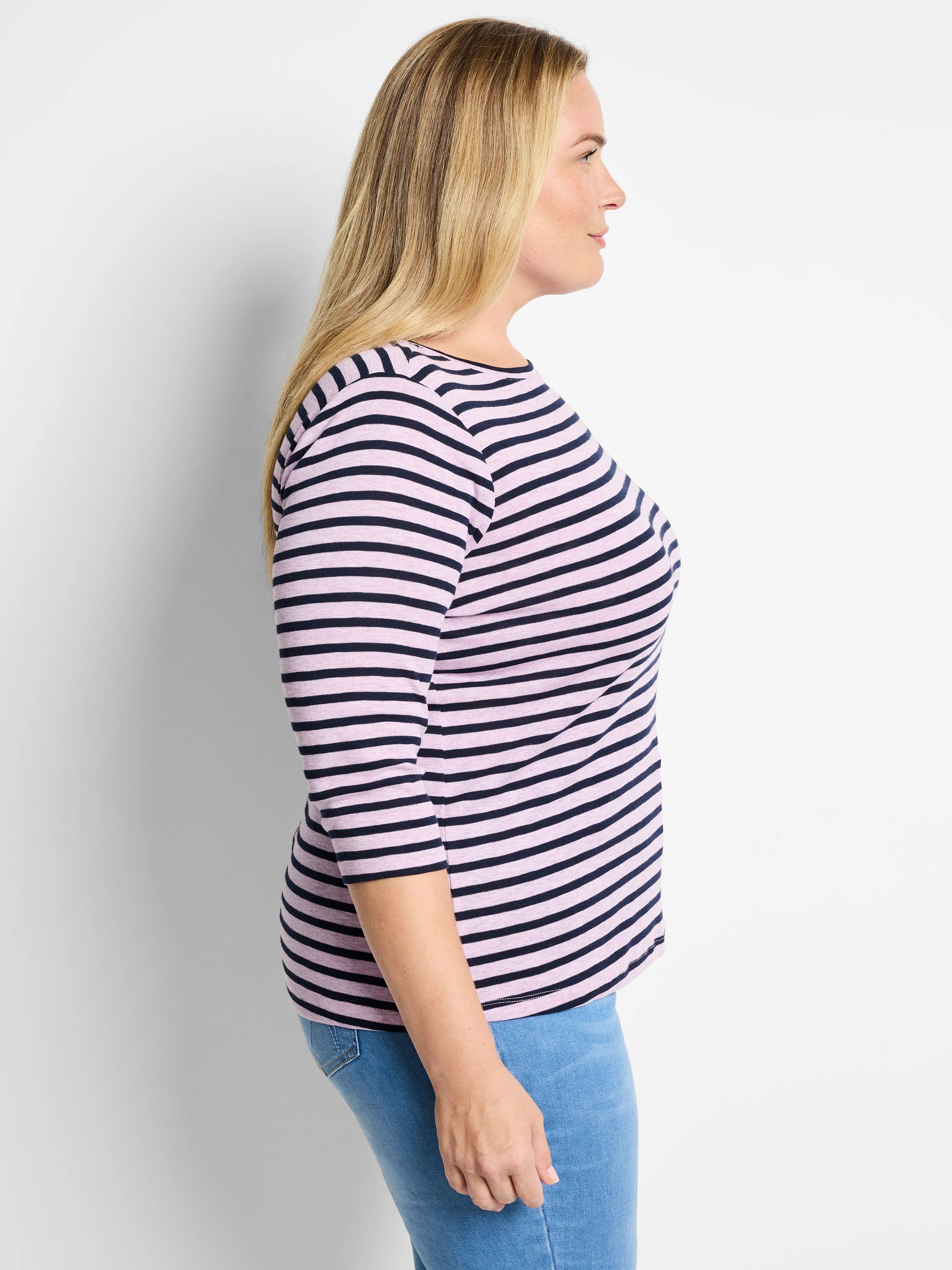Light pink and navy horizontal stripe 3/4 sleeve boat neck tee.
