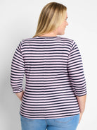 Pink and navy horizontal striped 3/4 sleeve tee, shown on model from back.