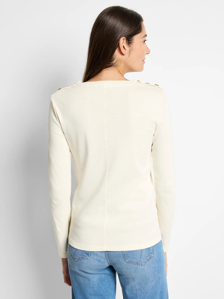 Off-white long-sleeve top with gold buttons on shoulders. Back view.