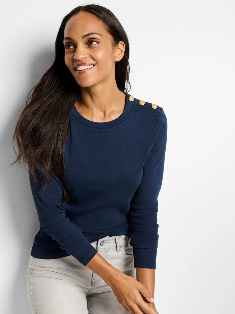 Navy blue long-sleeve shirt with gold buttons on the shoulders. Crew neck.