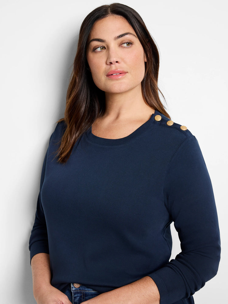 Navy blue long-sleeve top with gold buttons on the shoulder. Crew neck.