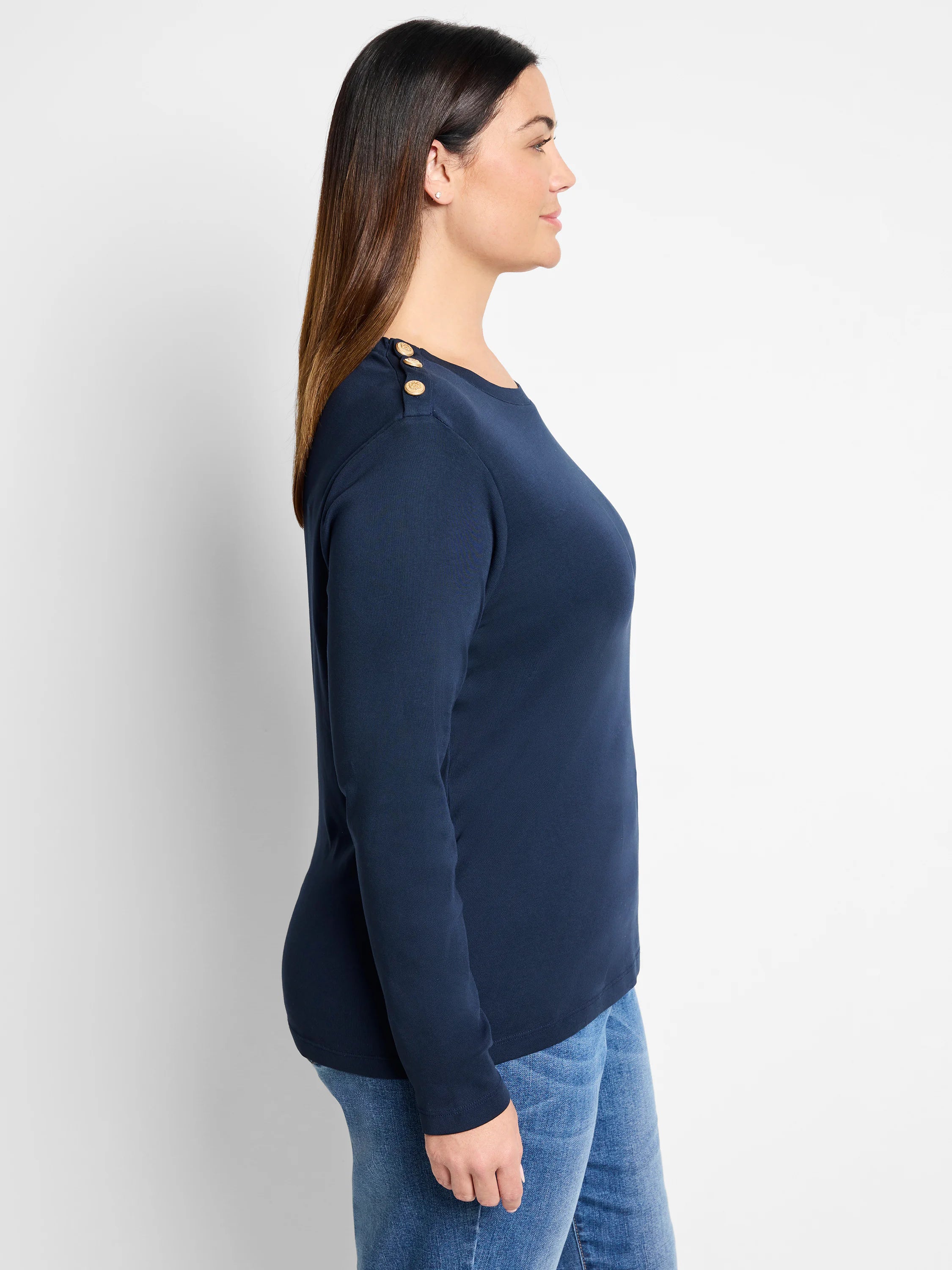 Navy blue long-sleeve top with gold buttons on the shoulders.  Round neckline.