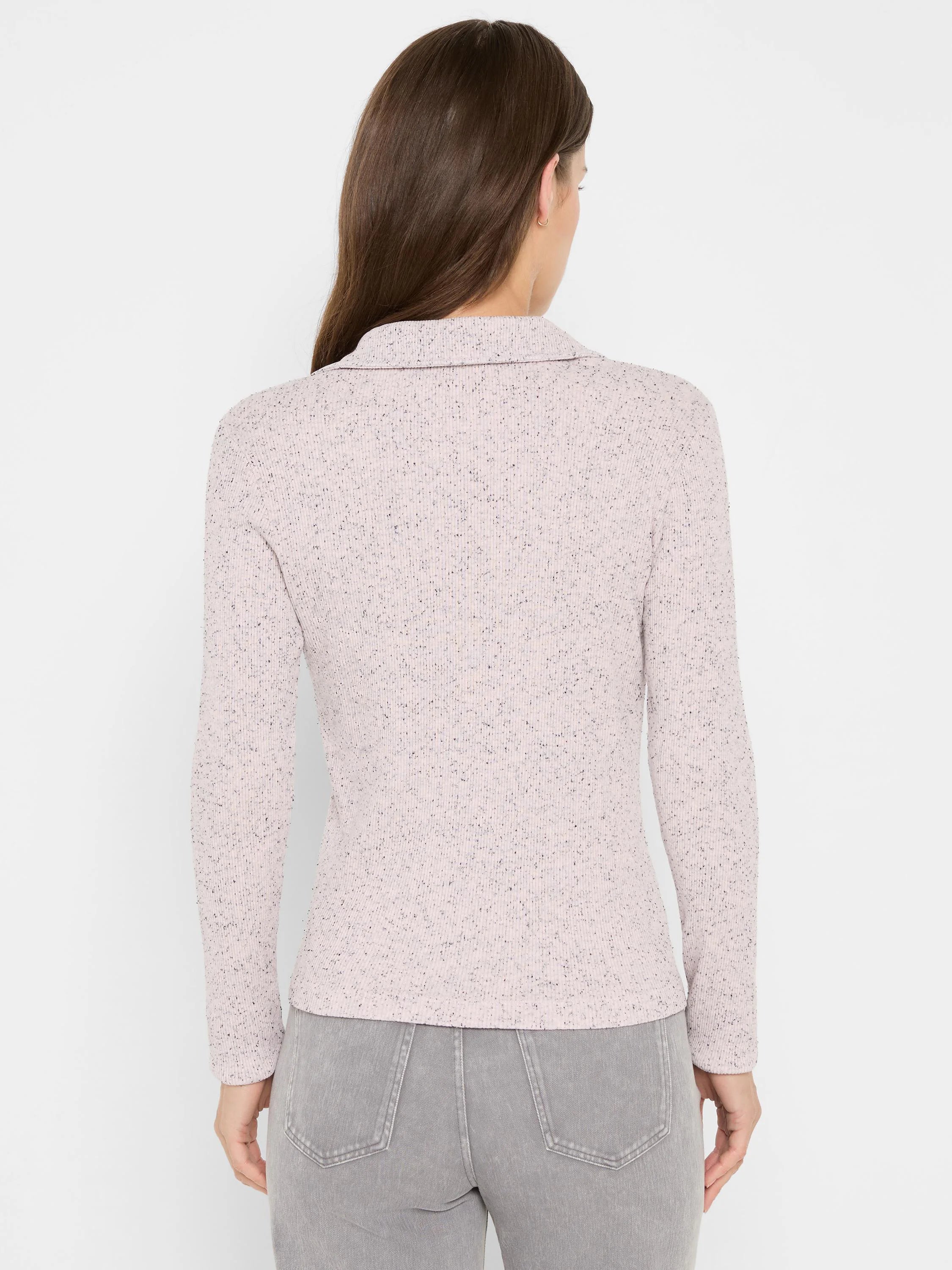 Light pink ribbed knit long sleeve polo with dark speckles and a collar, shown from the back.