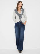 Light gray speckled ribbed long sleeve polo shirt with collar.