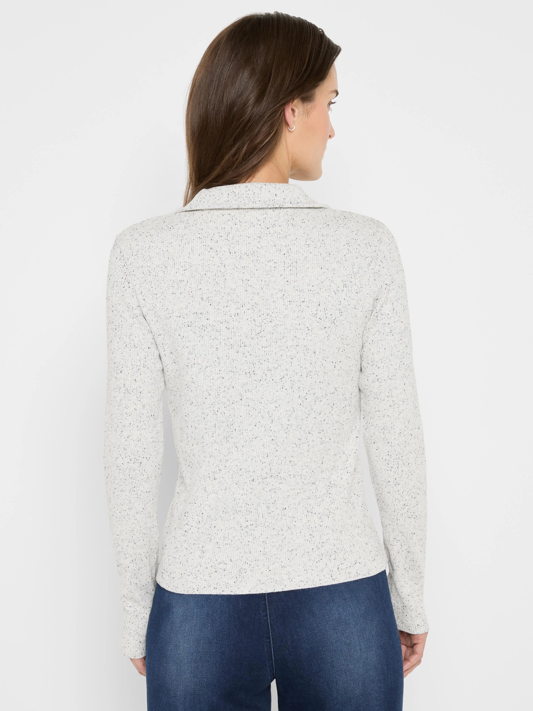 Light grey speckled, ribbed long sleeve polo shirt with a collar.