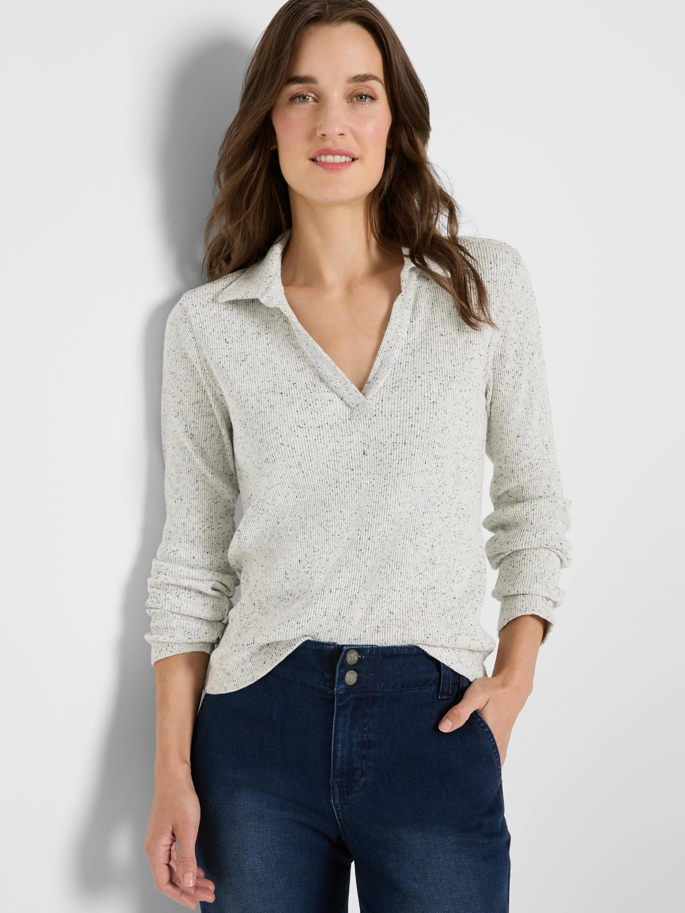 Light grey speckled rib knit long sleeve polo with an open V-neck collar.