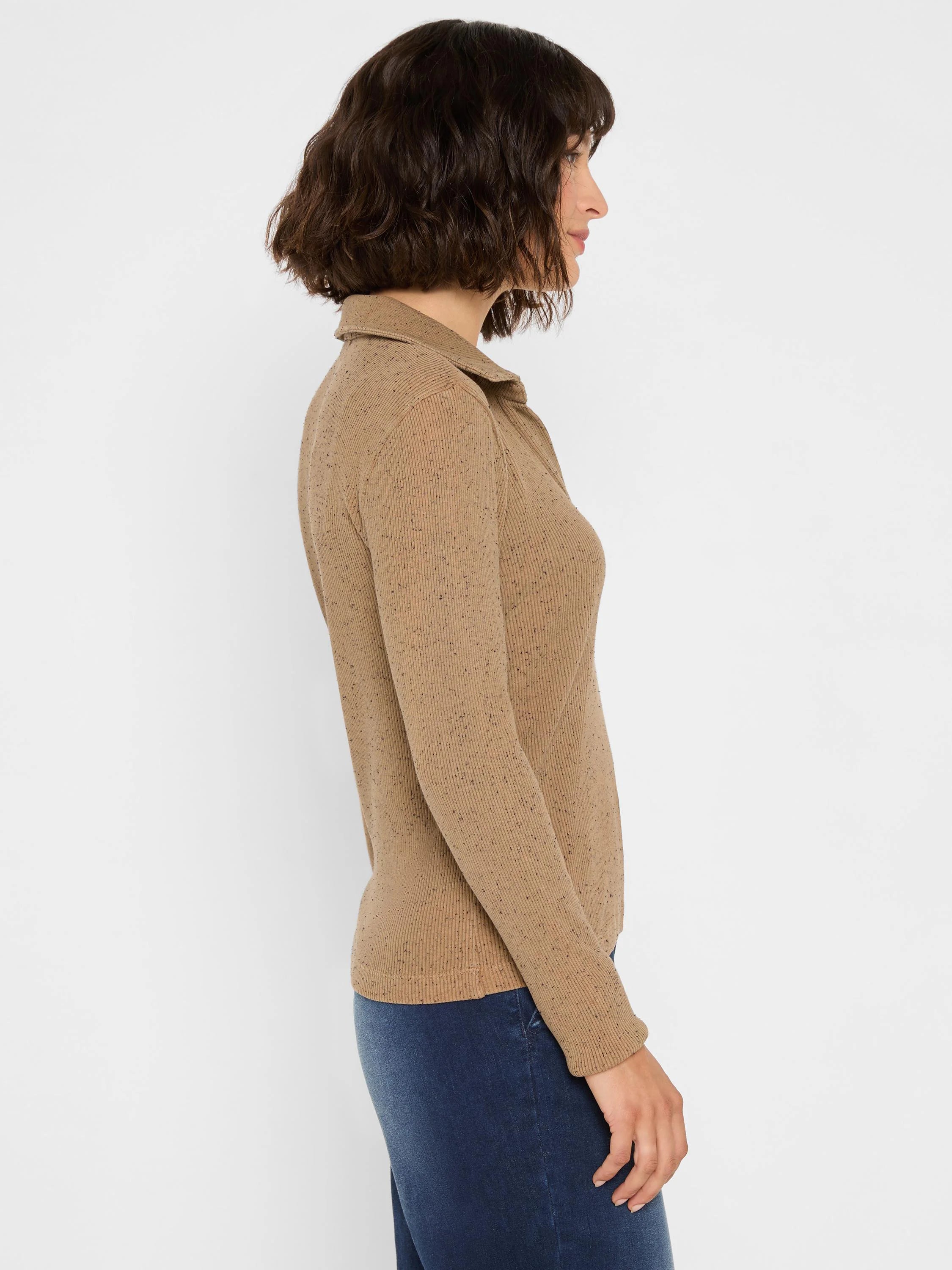 Tan, fitted, ribbed long sleeve polo with dark flecks and a classic collar.