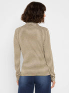 Olive green and white striped long sleeve mock neck tee, seen from behind.