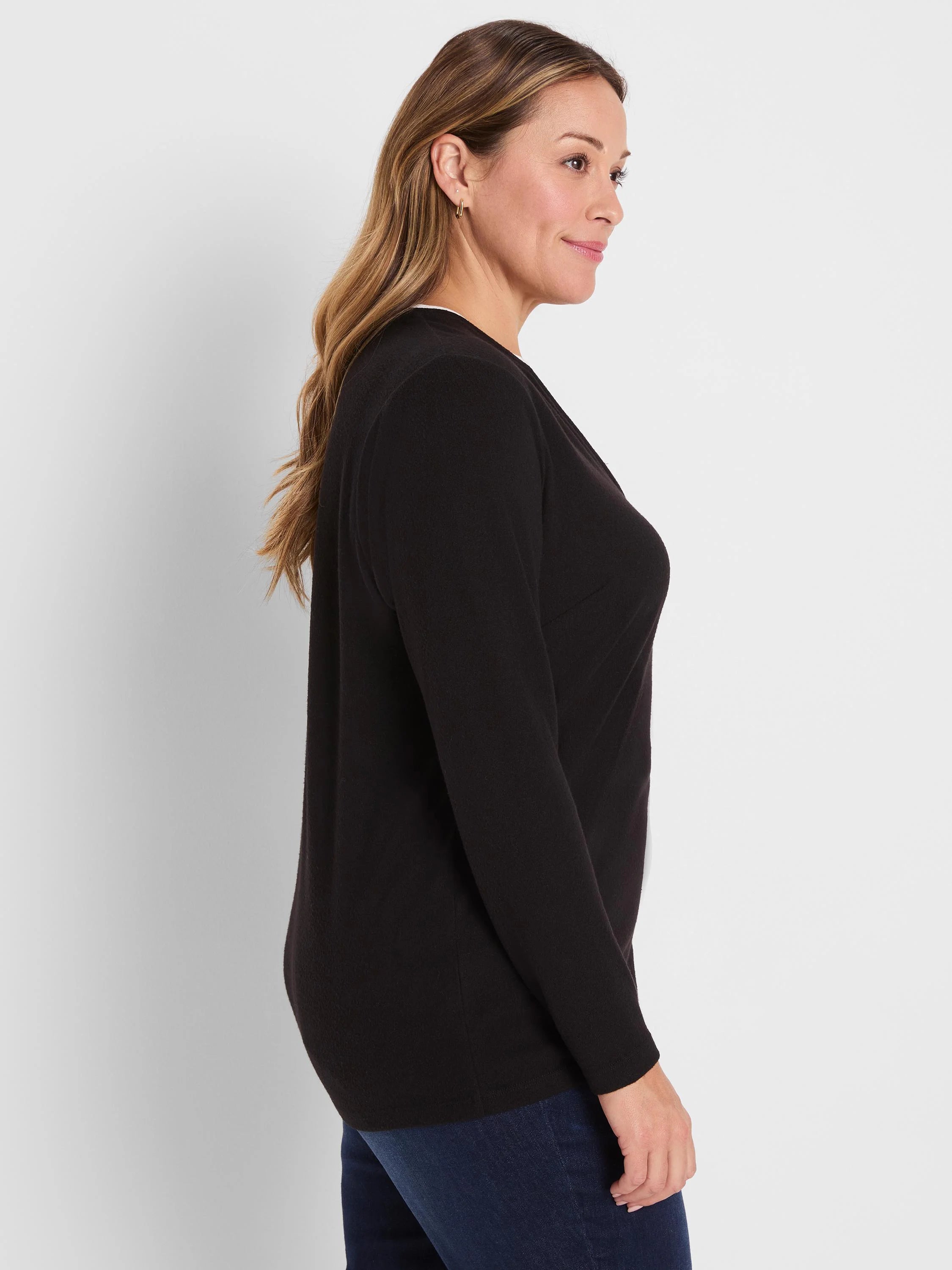 Black long-sleeved tee with a light-colored double-layer split neck.