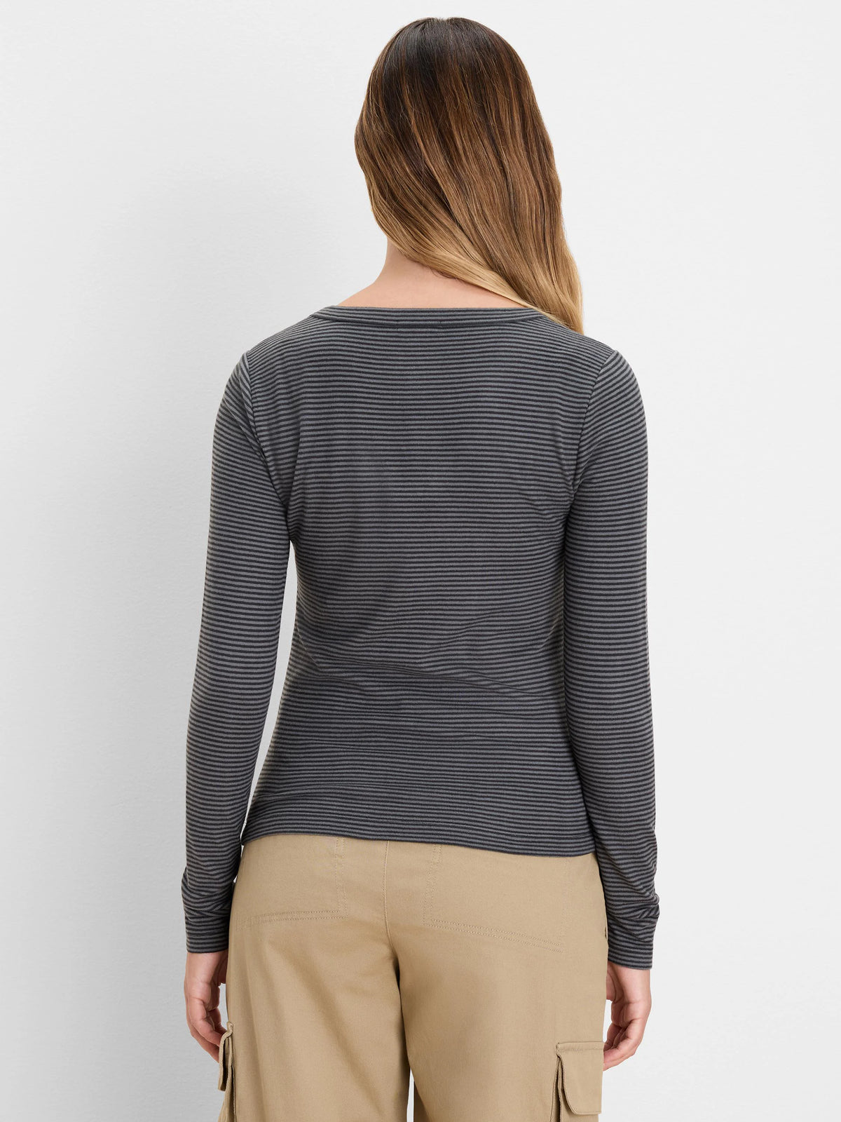 Charcoal & light grey thin horizontal striped long-sleeve tee with a subtle brushed texture. Wide neckline, back view.