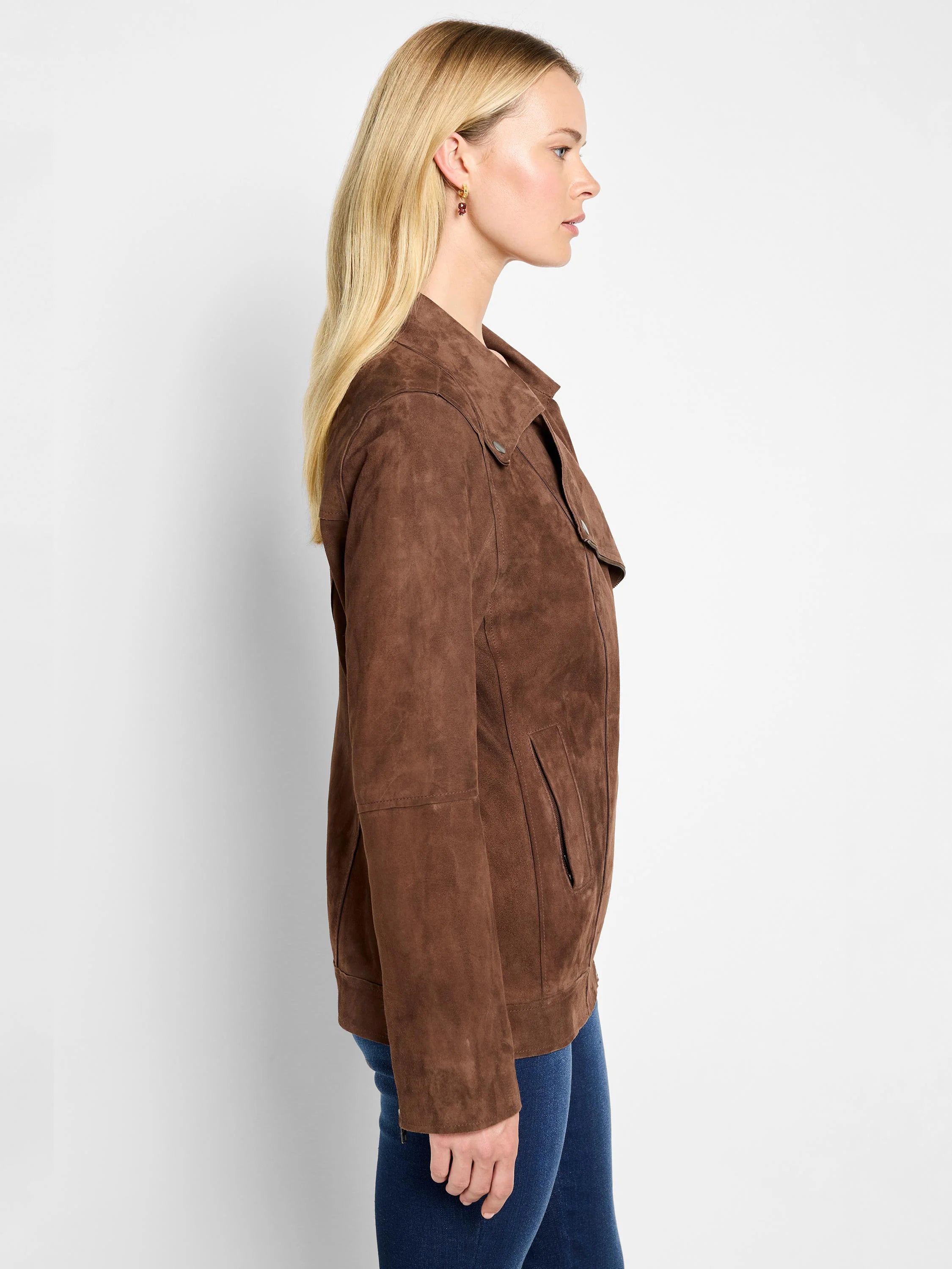 Brown suede snap jacket, asymmetrical collar, long sleeves, side pockets.