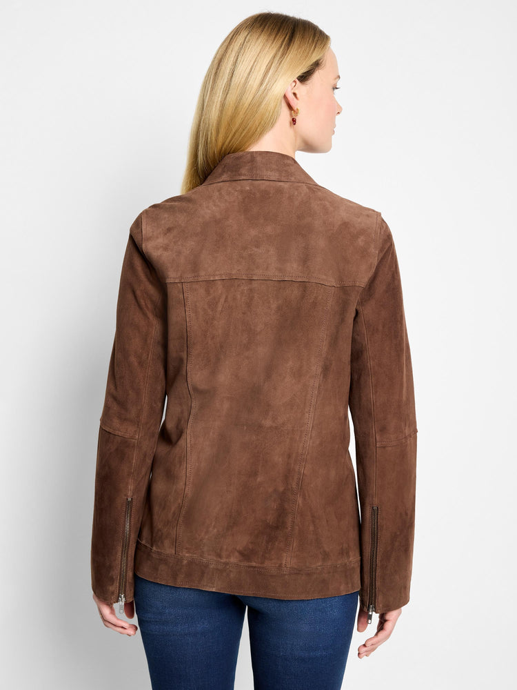 Brown suede jacket, snap front, long sleeves with side zippers. Back view shown.