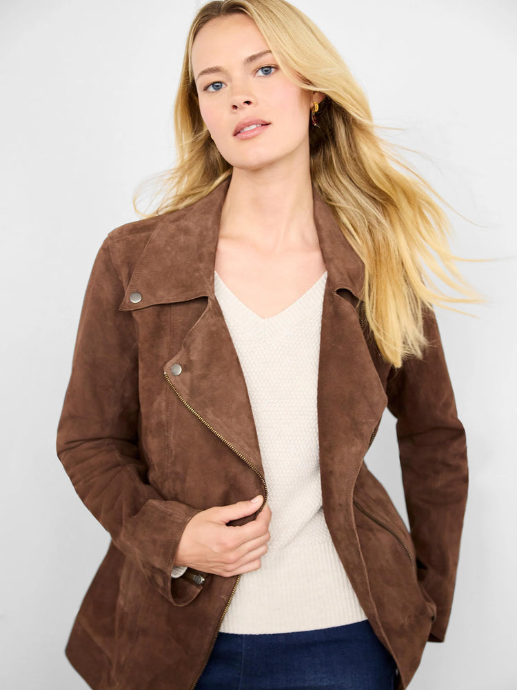 Brown suede snap jacket, asymmetrical zipper. Features snap closures.
