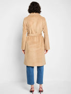 Beige, belted wrap coat.  Long sleeves, knee-length.  Shown from the back.