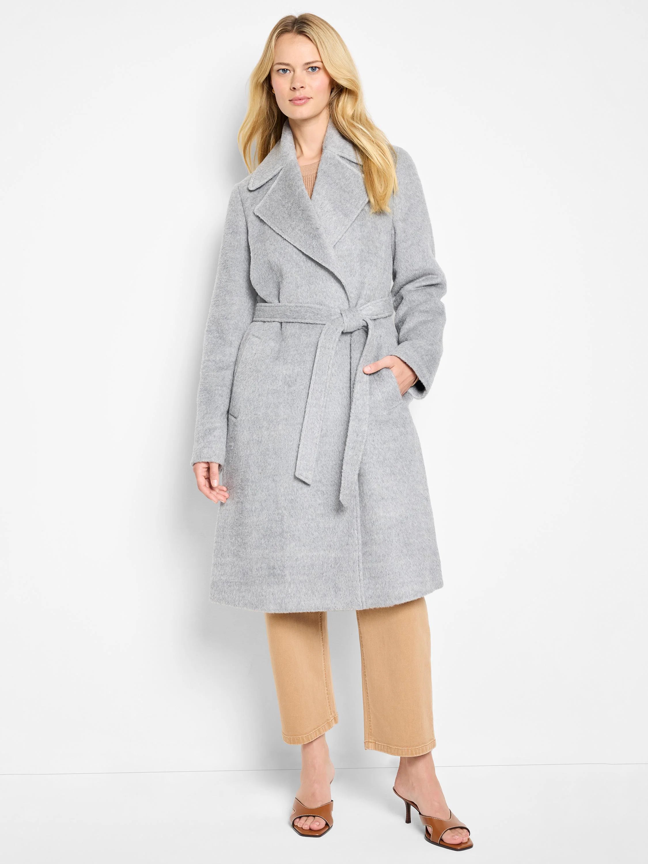 Light gray belted wrap coat, knee-length, featuring pockets.