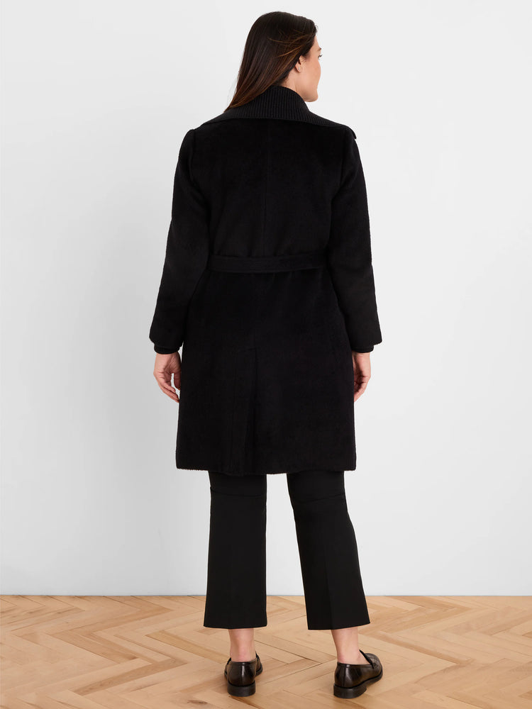 Black Alpaca Wool Blend Wrap Coat, back view. Features ribbed collar, waist tie, and mid-thigh length.