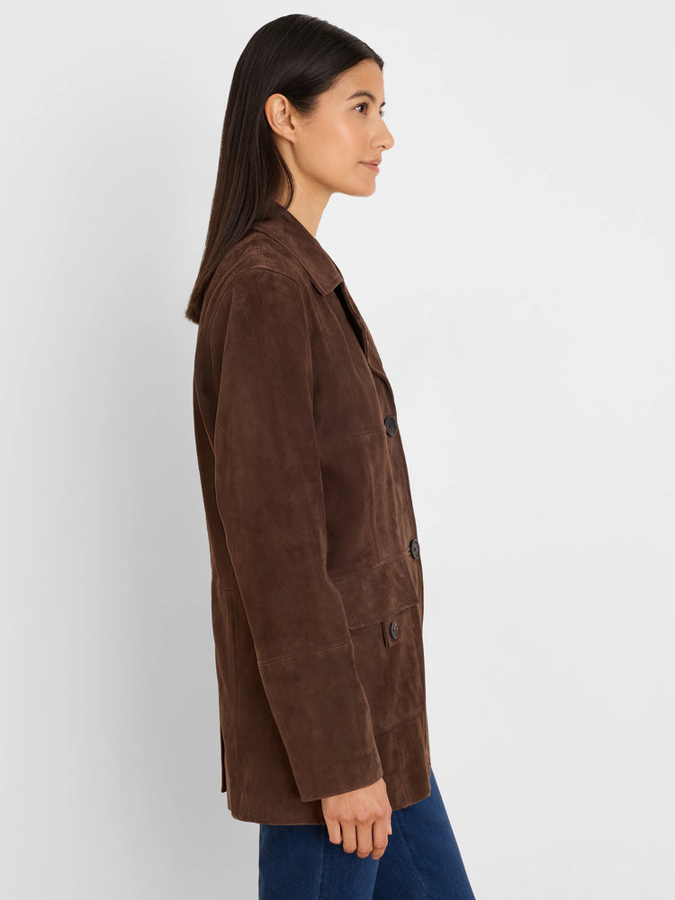 Dark brown suede coat, straight cut, with a tailored collar, dark front buttons, and flap pockets.